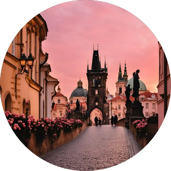 Kulatý jedlý obrázek na dort – Stará Praha, Květiny, Valentýn (růžová, hnědá, šedá)