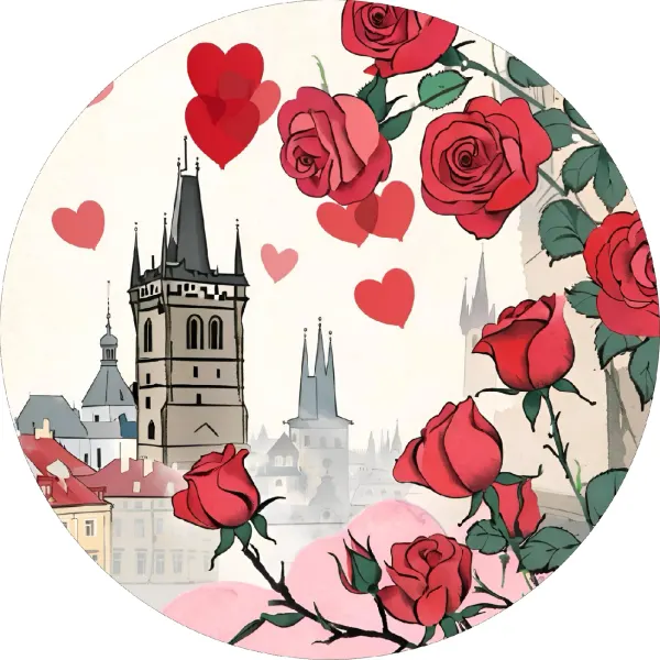 Kulatý jedlý obrázek na dort – Malovaná Praha, květiny, Valentýn (červená, růžová, bílá)