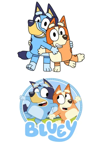 Obdélníkový jedlý obrázek na dort – Bluey, Set na bok a horní stranu dortu (modrá, žlutá, bílá)