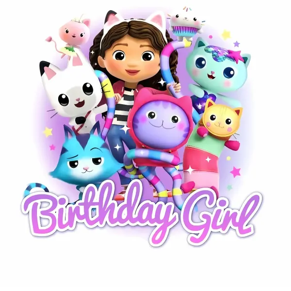 Kulatý jedlý obrázek na dort – Gábinin domek, nápis Birthday Girl (růžová, fialová, tyrkysová)