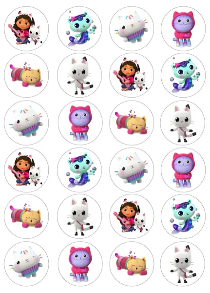 List jedlých koleček na cupcakes – Gábinin domek, Gábina s kytarou a kočičky (růžová, fialová, tyrkysová)