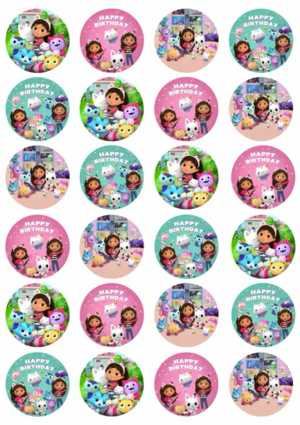 List jedlých koleček na cupcakes – Gábinin domek, Happy Birthday a kočičky (růžová, tyrkysová, zelená)