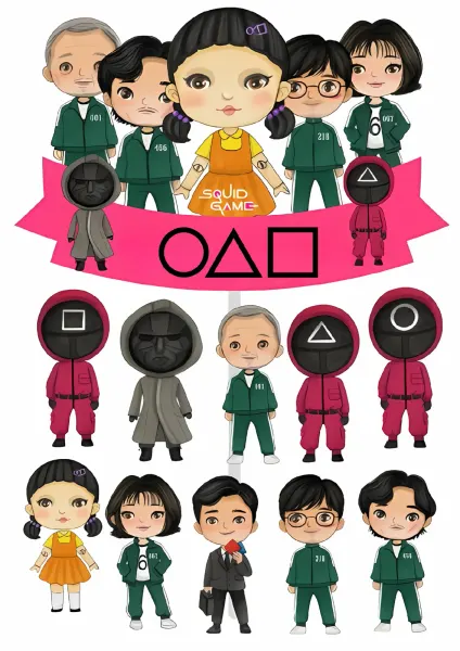 Obdélníkový jedlý papír k výřezu – Hra na oliheň, Chibi postavičky a růžová stuha (zelená, růžová, černá)