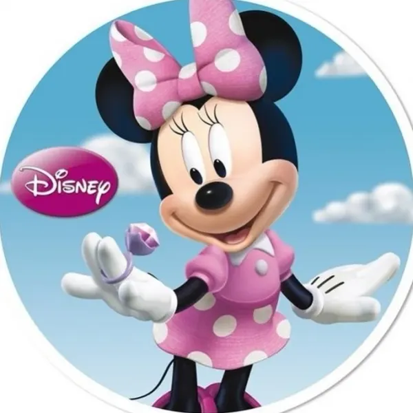 Kulatý jedlý obrázek na dort – Kruh: Minnie s prstýnkem (růžová, modrá, bílá)