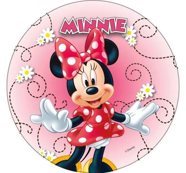 Kulatý jedlý obrázek na dort – Minnie s kopretinami (růžová, červená, bílá)