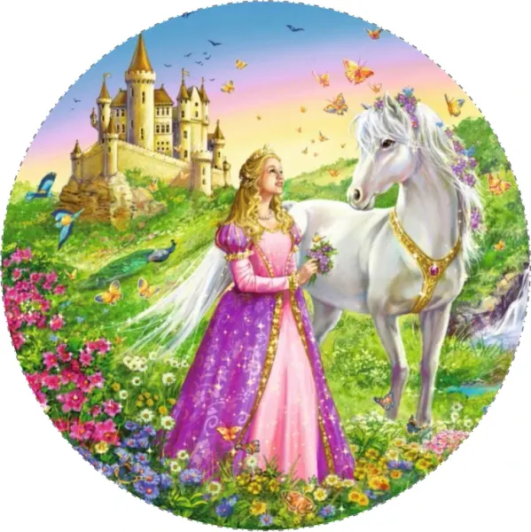 Kulatý jedlý obrázek na dort – Princezna, s bílým koněm u zámku (růžová, fialová, zelená)