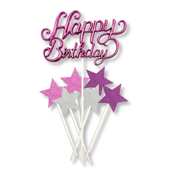 Plastový a papírový zápich na dort - Happy Birthday - PINK