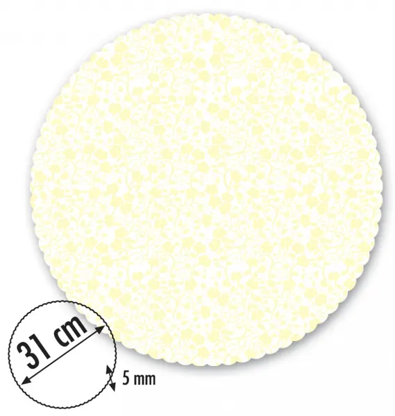Alvarak dortová podložka Bílá se žlutým dekorem 31 cm + 5x krajková bílá podložka