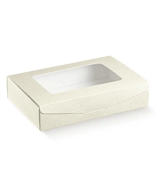 Krabice na cukroví s průhledem 240x160 v.50mm (kůže bílá) 1 ks krabička
