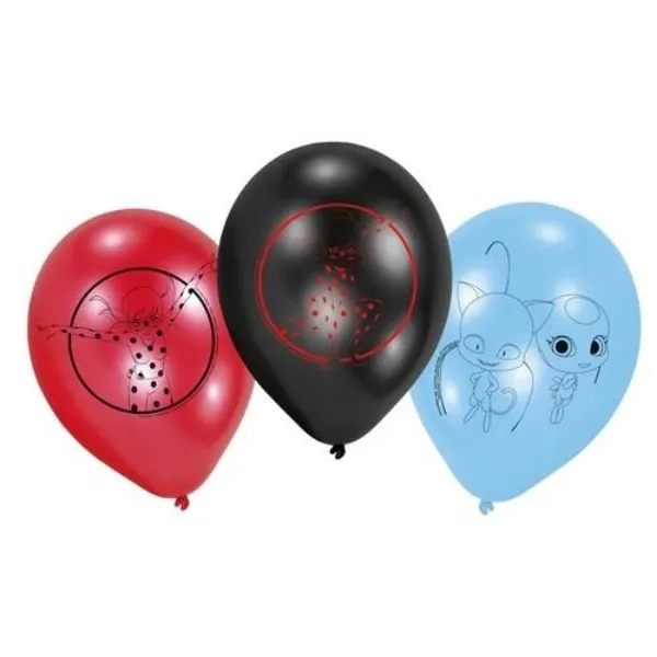Šest latexových balonků 23 cm s motivem Kouzelné berušky a černého kocoura v sadě