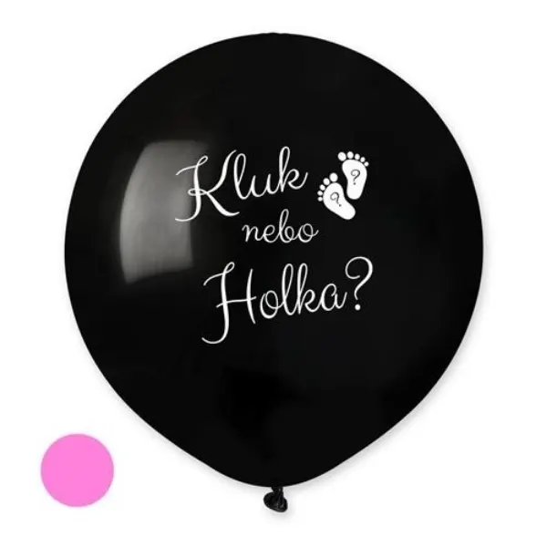 Černý latexový balonek 48 cm s bílým potiskem Kluk nebo holka, naplněný růžovými konfetami, 1 ks