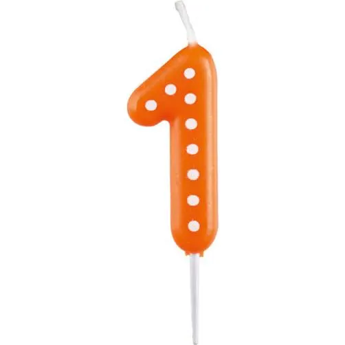 Narozeninová svíčka číslo 1 s puntíky v barvách modré, zelené, červené, žluté a oranžové, výška 6,5 cm