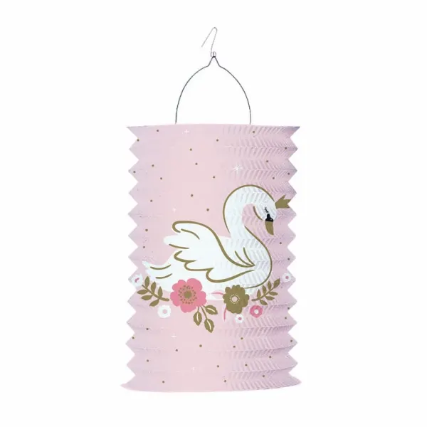 Bílý závěsný papírový lampion ve tvaru válce s motivem labutě, výška 28 cm, 1 ks