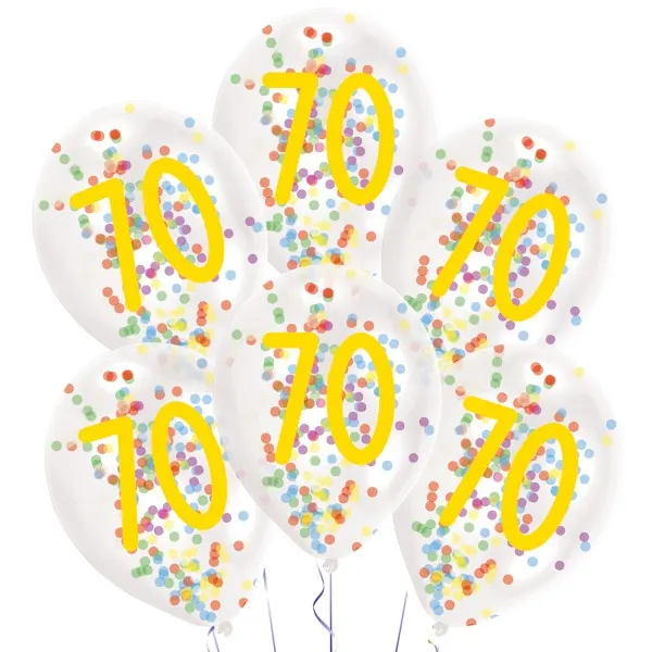 Průhledné latexové balonky s barevnými konfetami uvnitř a číslicí 70, balení 6 kusů