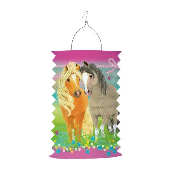 Závěsný papírový lampion válcového tvaru s motivem koní, velikost 28 cm, balení 1 ks