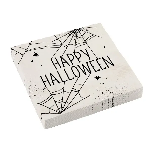Papírové party ubrousky s motivem pavučin a pavouků pro halloweenskou oslavu, 33 x 33 cm, balení 16 ks