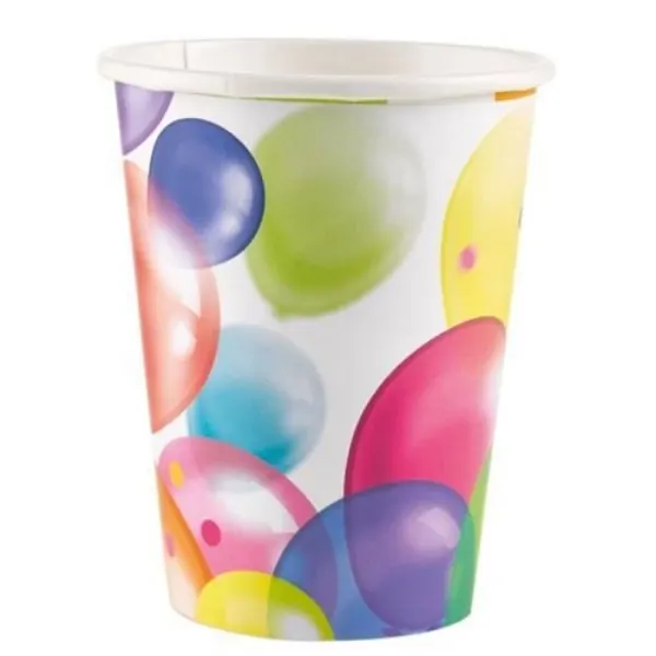 Papírové kelímky s motivem balónků v pestrých barvách, balení 8 ks, objem cca 200 ml