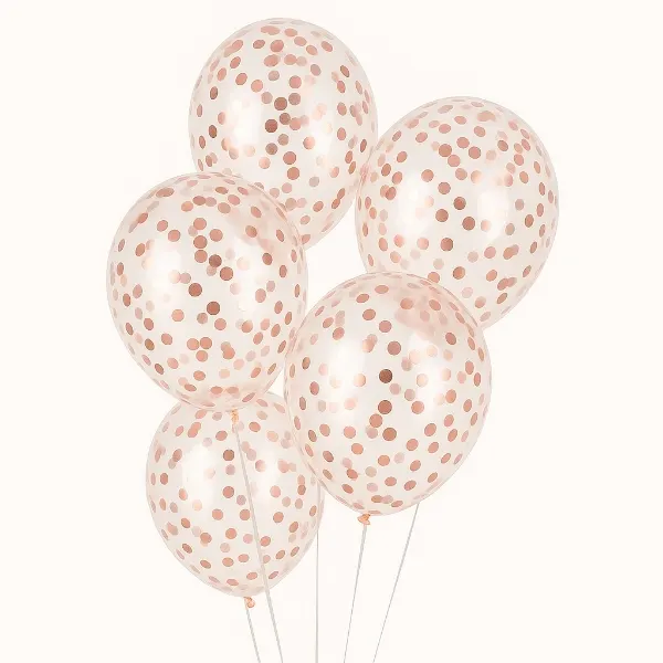 Průhledné latexové balónky 30 cm s rose gold konfetami uvnitř, balení 5 kusů