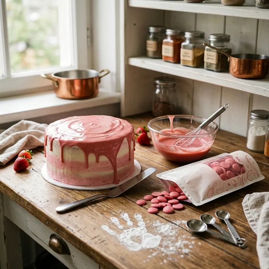 Růžová poleva s jahodovou příchutí v balení 250 g
