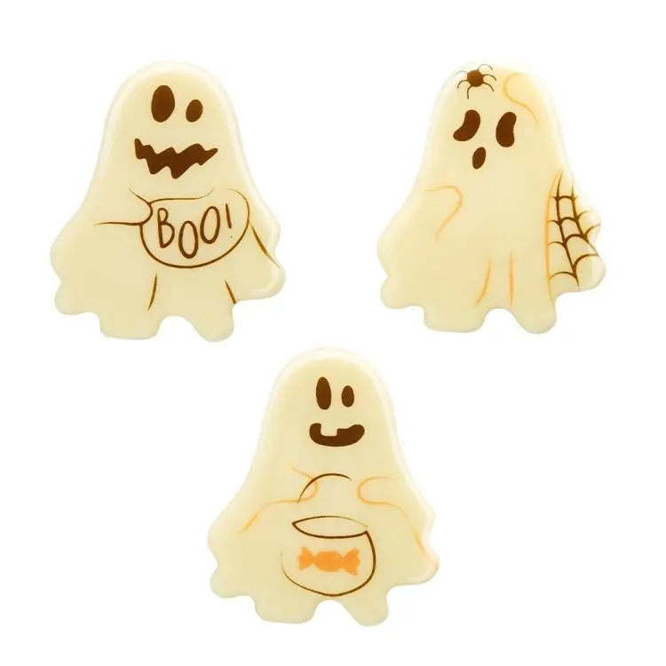 Čokoládové dekorace ve tvaru duchů pro Halloween, sada 7 kusů, bílá a tmavá čokoláda s obrysem postavičky