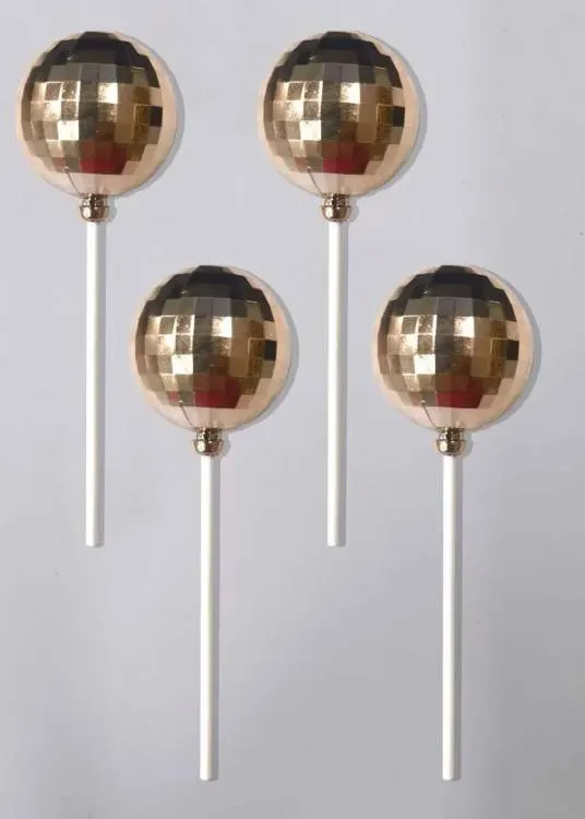 Zápich do dortu ve tvaru disko koule, růžovo-zlatá barva, průměr 4 cm, balení 4 kusy