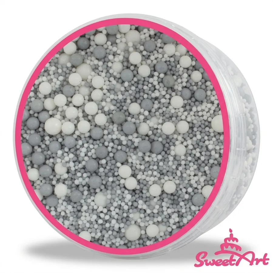 Bílo-stříbrný cukrový posyp SweetArt v sáčku 50 g, třpytivé kousky v bílé a stříbrné barvě