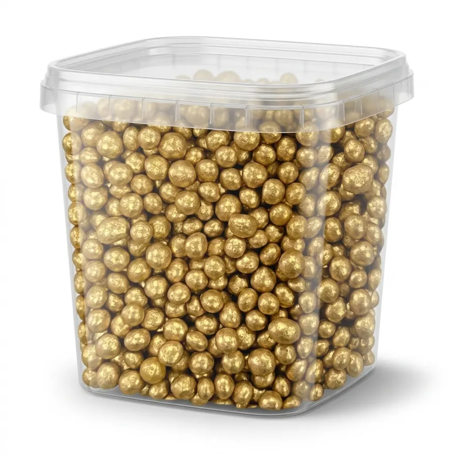 Zlaté cukrové perličky o průměru 5 mm v balení 50 g, metalicky lesklé kuličky na zdobení dortů