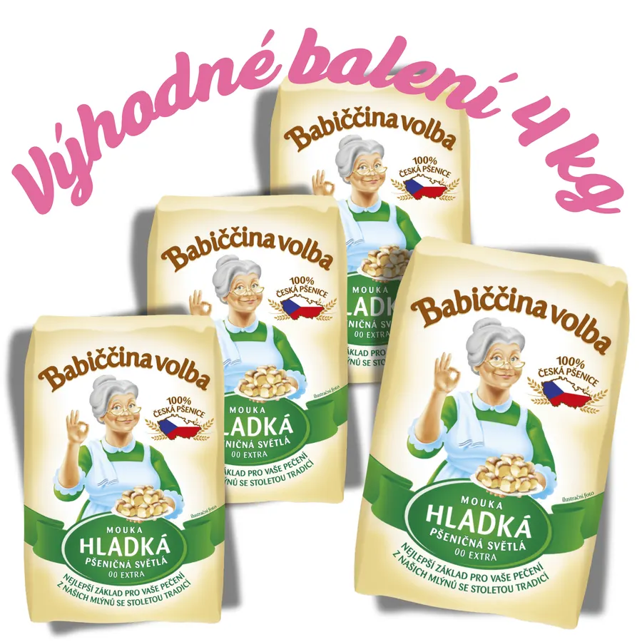 Hladká pšeničná mouka GoodMills Babiččina volba, balení 4 kusy po 1 kg, bílý sypký prášek