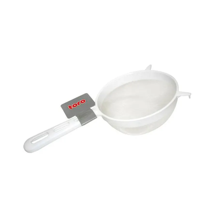 Malé plastové sítko s dlouhou rukojetí a háčkem, průměr 12 cm, potravinářský plast