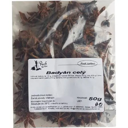 Celý badyán v balení 50 g, hnědé hvězdičky koření s lámanými kousky