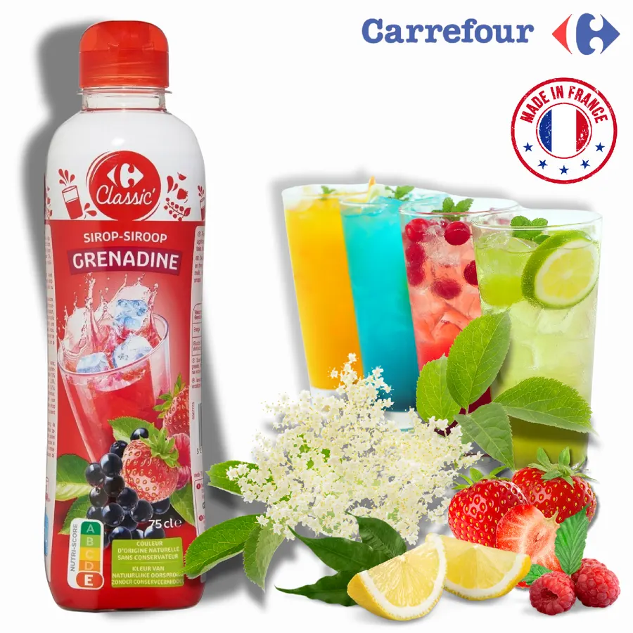 Láhev francouzského sirupu grenadina Carrefour Original o objemu 750 ml s ovocnou příchutí