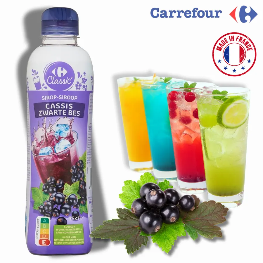 Tmavý rybízový sirup v lahvi 750 ml, hustá konzistence, francouzský ovocný sirup z černého rybízu a citronu