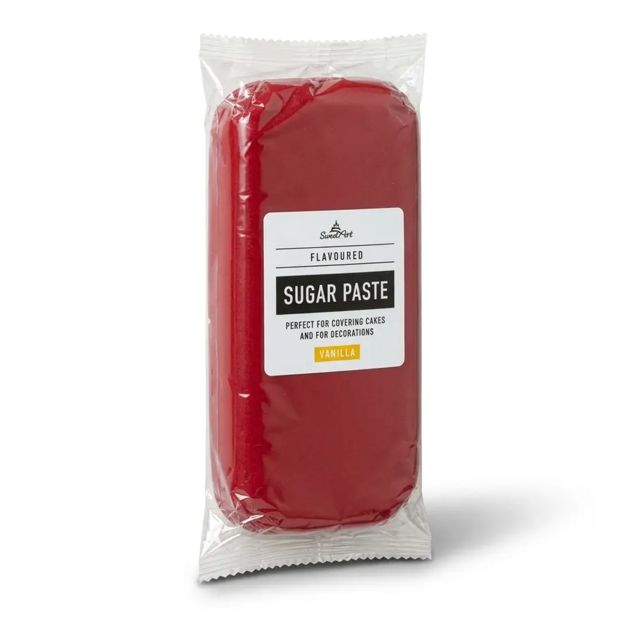 Balení 1kg červené potahovací fondánové hmoty na dort, sytý třešňový odstín Cerise