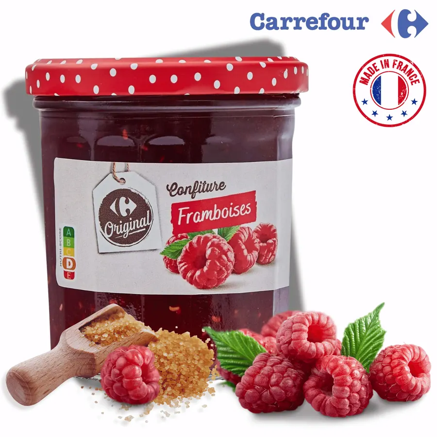 Malinový džem Carrefour se třtinovým cukrem, sklenice 370 g, červená barva malin