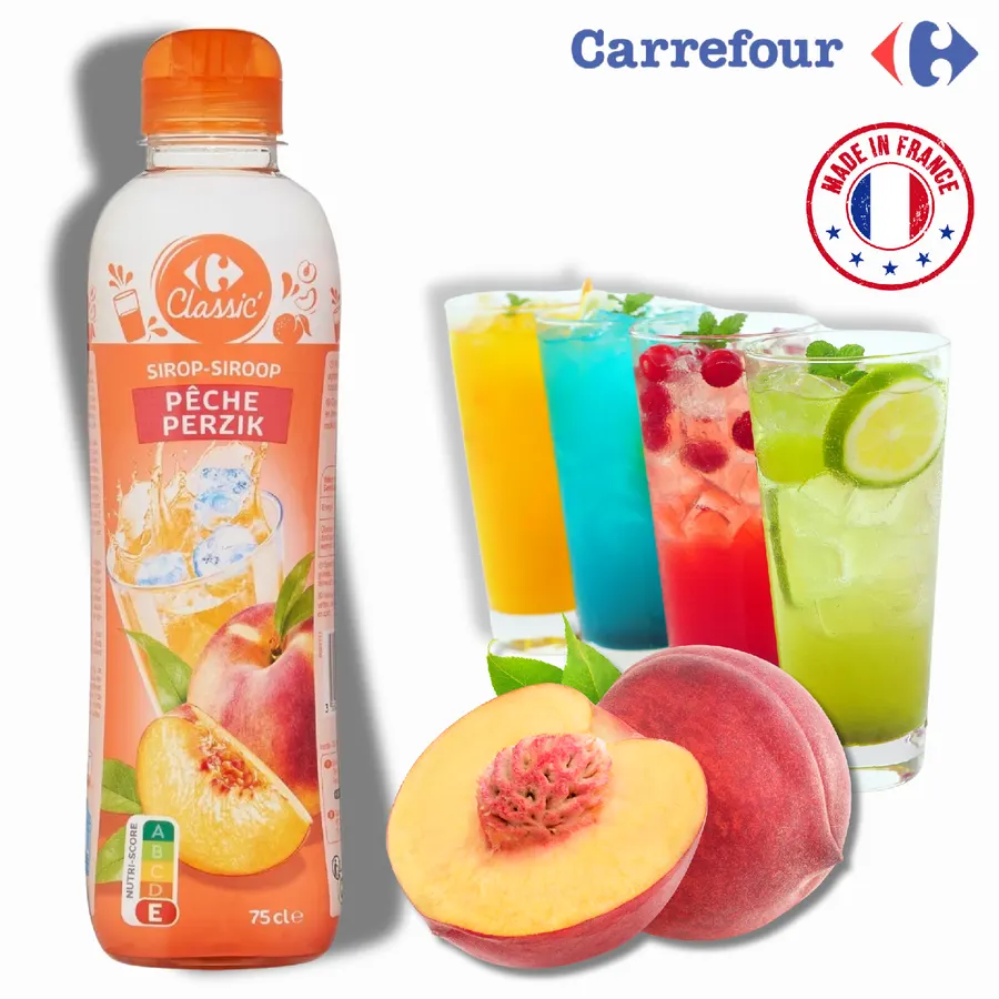 Láhev broskvového sirupu Carrefour Original o objemu 750 ml, 50% ovocný sirup z Francie