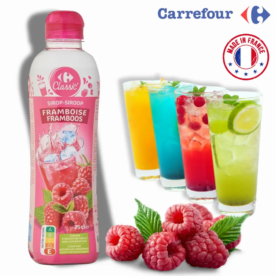 Lahev malinového sirupu Carrefour Original o objemu 750 ml s dávkovacím uzávěrem