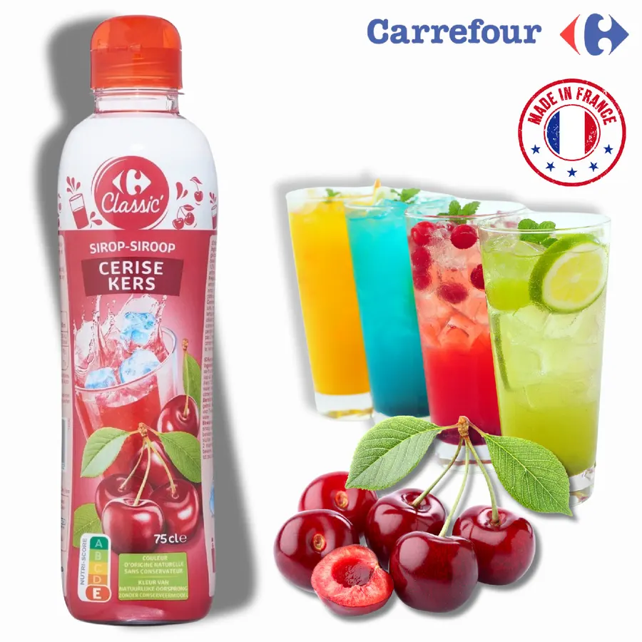 Láhev třešňového sirupu Carrefour Original o objemu 750 ml
