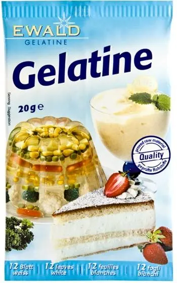 Plátková želatina Ewald, balení 20 g, průhledné žluté plátky