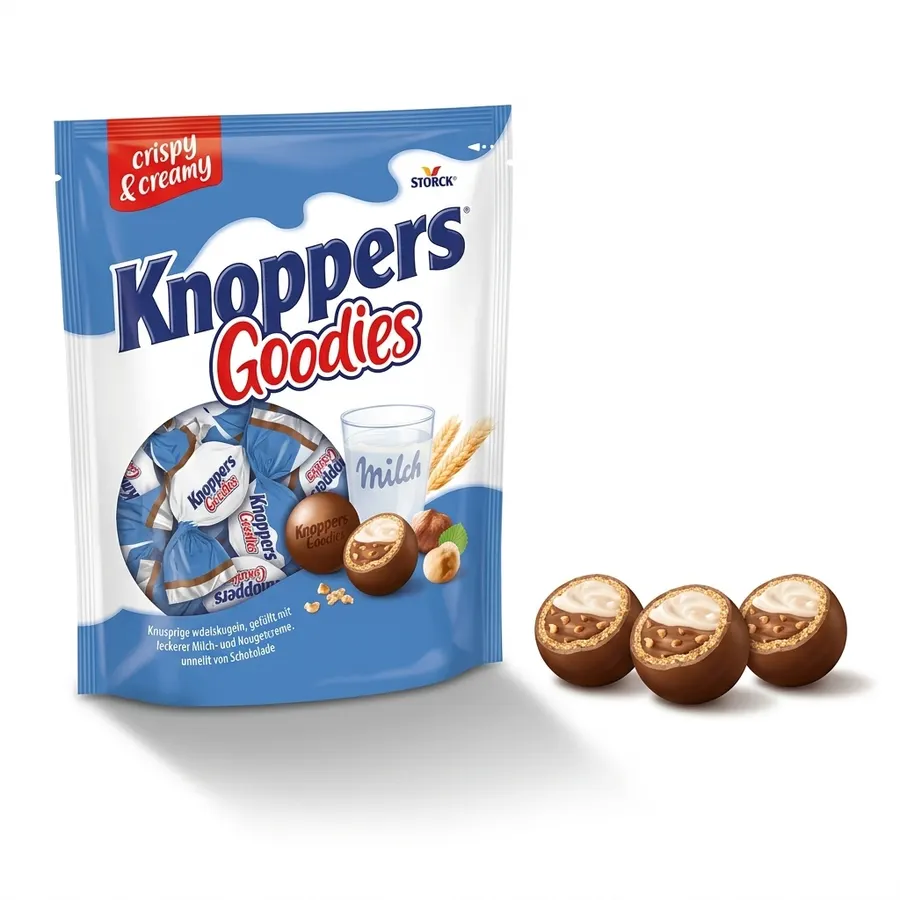 Oplatkové kuličky Knoppers Goodies v čokoládě s mléčnou a nugátovou náplní, balení 180 g