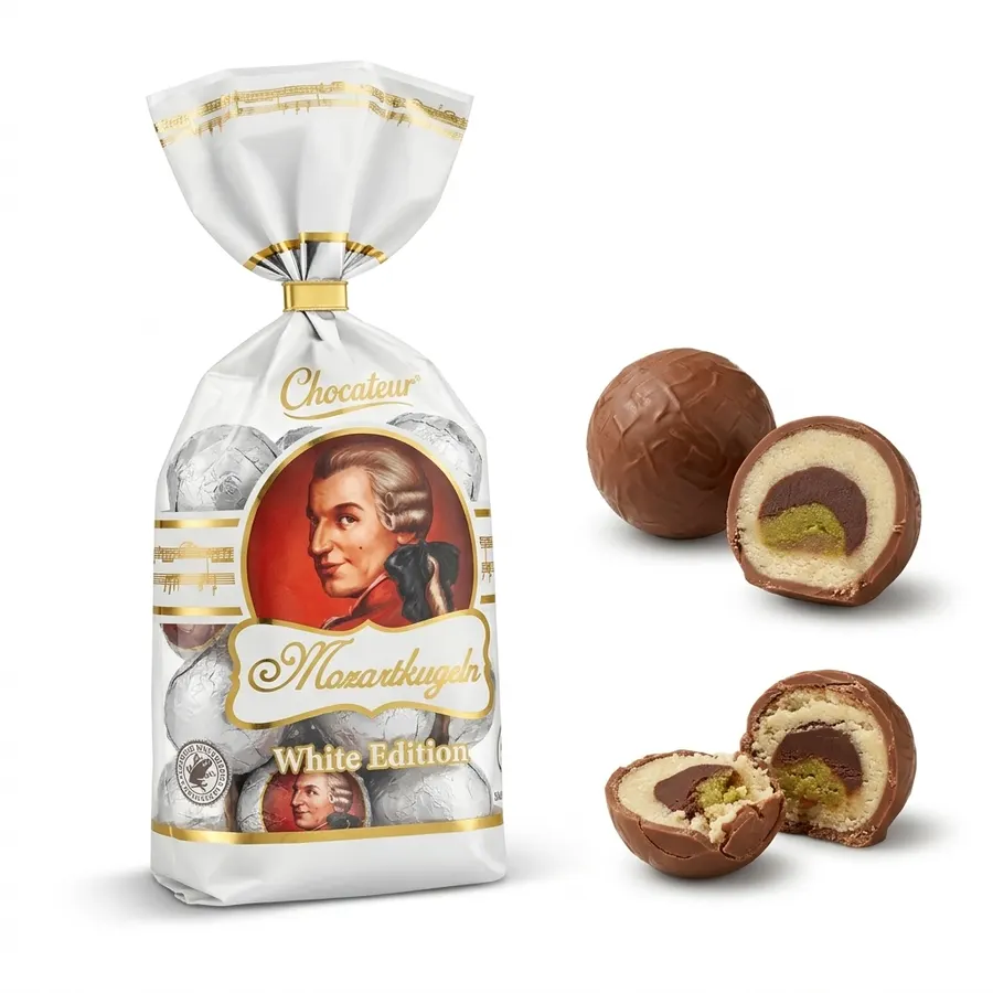 Bílé Mozartovy pralinky v čokoládě, balení 297 g, značka Chocateur