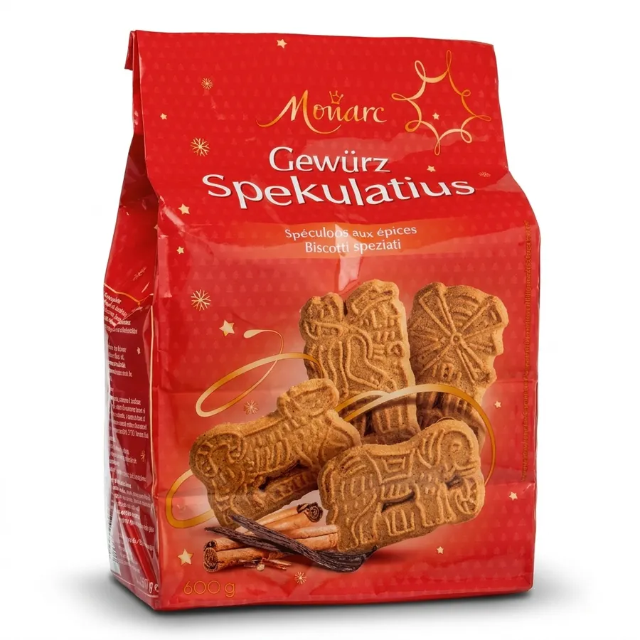 Balení kořeněných adventních sušenek Gewürz Spekulatius o hmotnosti 600 g, hnědé křupavé sušenky s karamelovým odstínem