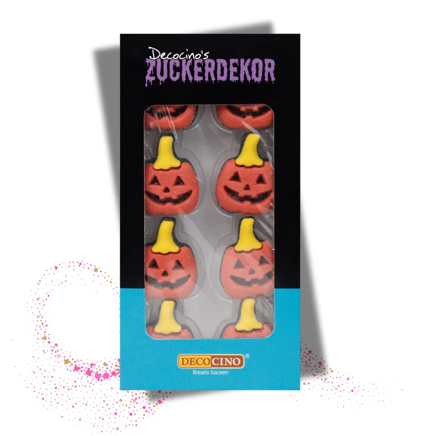 Cukrové dekorace ve tvaru halloweenské dýně, balení 26 g obsahující 8 kusů, oranžová barva