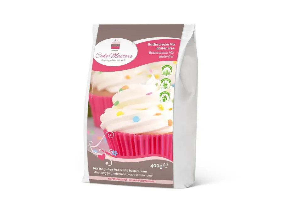 Směs na máslový krém CakeMasters v balení 400 g, bílý prášek v sáčku