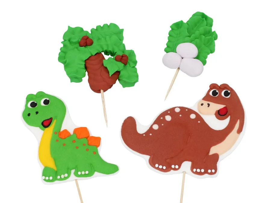 Cukrové zápichy ve tvaru dinosaurů, 4 ks v balení, výrazné barvy pro dětské dorty