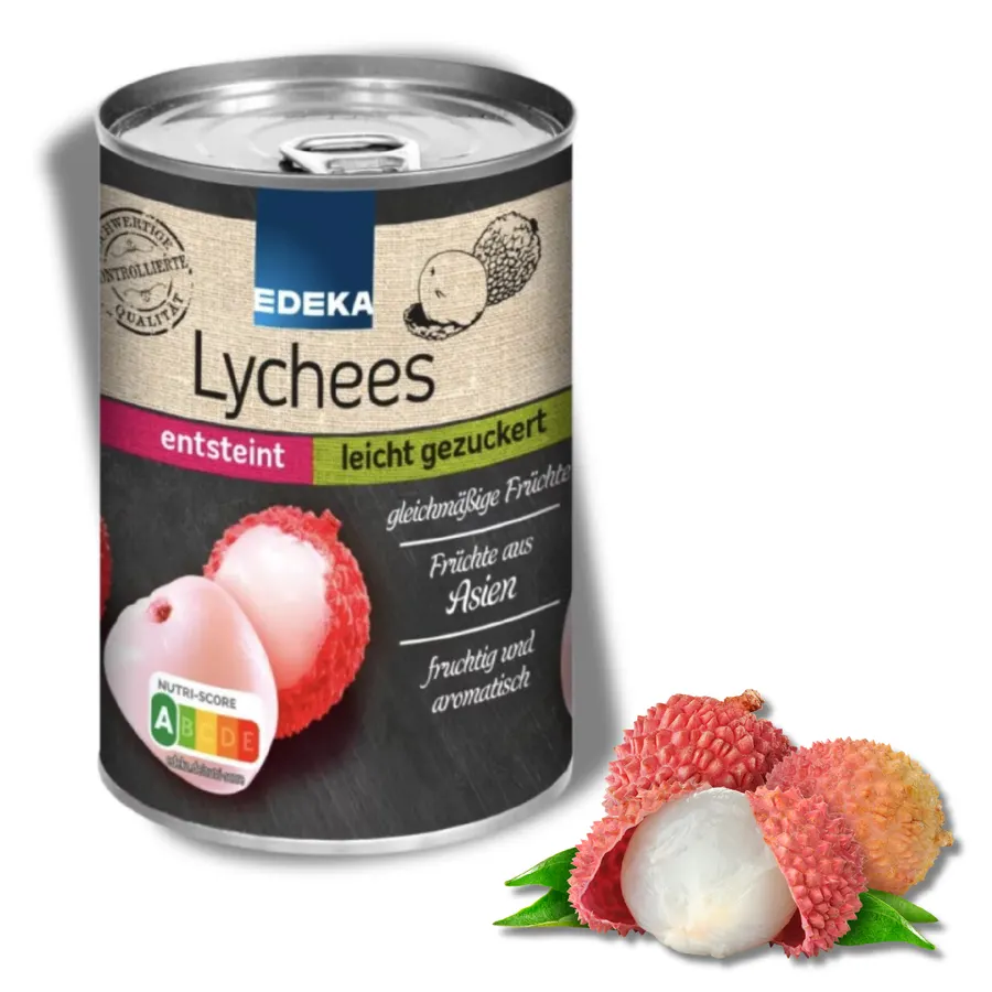 Sklenice kompotu z celých plodů liči v nálevu, balení 425 g, značka EDEKA