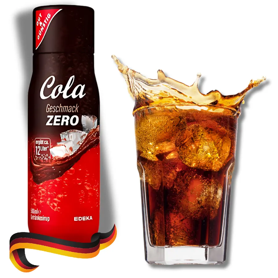 Lahev sirupu EDEKA Cola Zero s dávkovacím uzávěrem pro výrobníky sodové vody