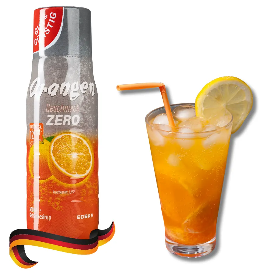 Lahev pomerančového sirupu EDEKA Orange Zero pro přípravu sodovky