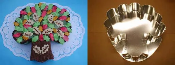 Dortová forma ve tvaru dubu z pocínovaného plechu, rozměr 320 mm, balení ve fólii