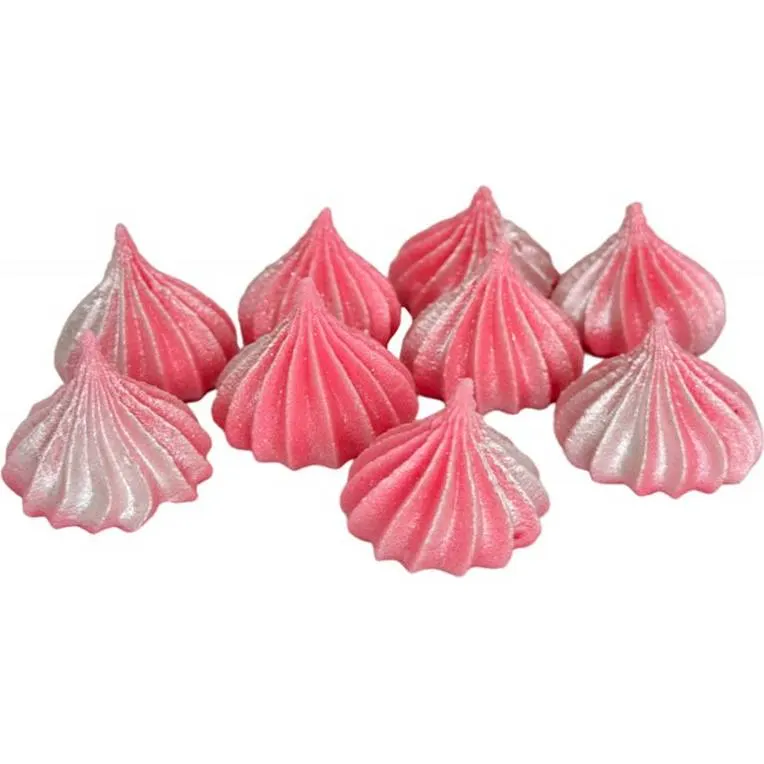 Růžové cukrové mini pusinky se stříbrnými třpytkami, balení 9 kusů