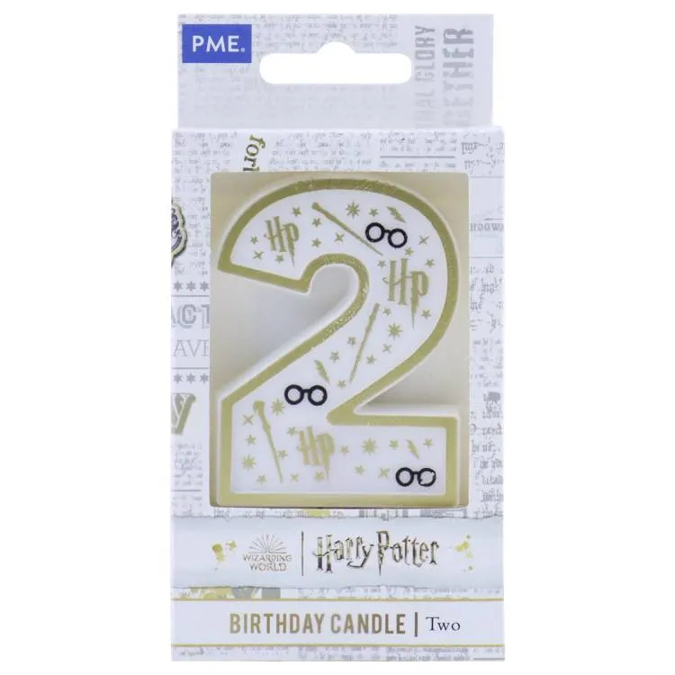 Bílo-zlatá dortová svíčka ve tvaru číslice 2 s motivem Harry Potter, výška 6,8 cm